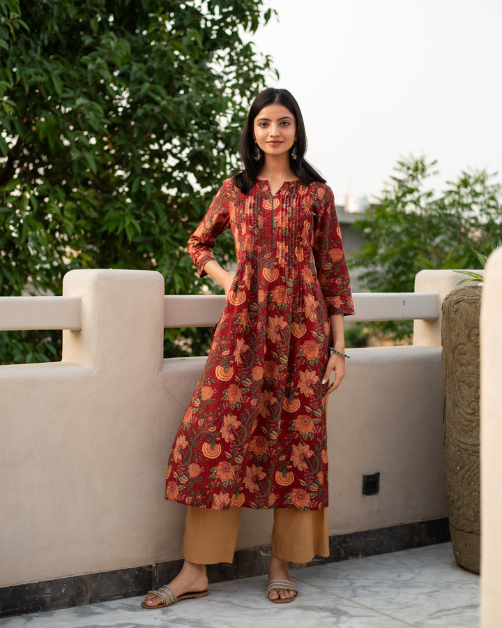 Maroon with Multicolored Cotton Round neck Jaal print Straight Kurta