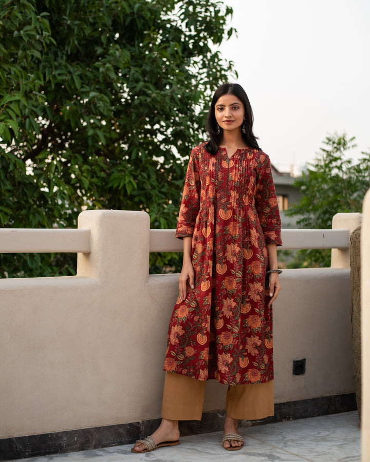 Maroon with Multicolored Cotton Round neck Jaal print Straight Kurta