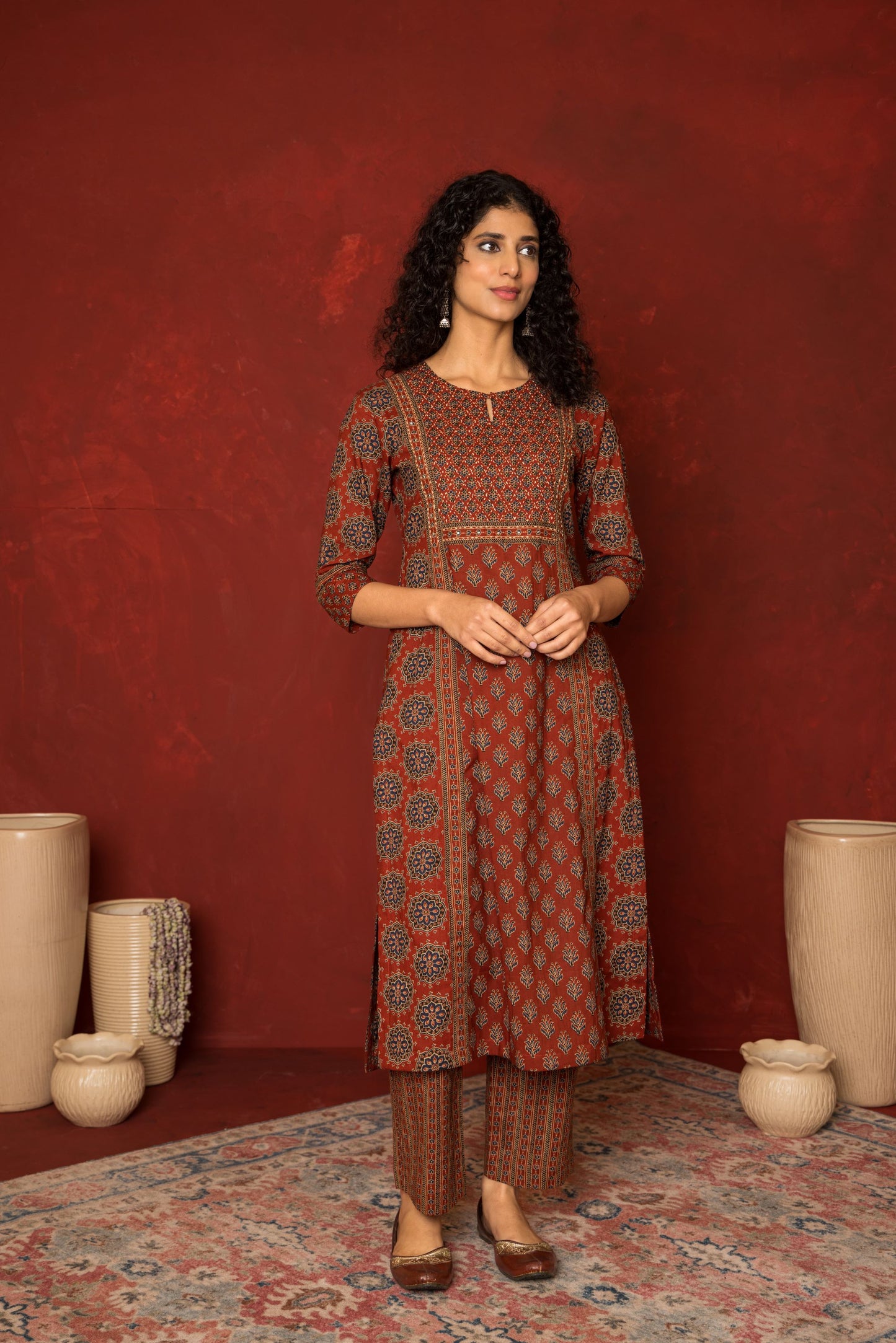 RUST COTTON ROUND NECK BOOTI PRINT YOKE HIGHLIGHTED WITH HAND KATHA KURTA PANT SET