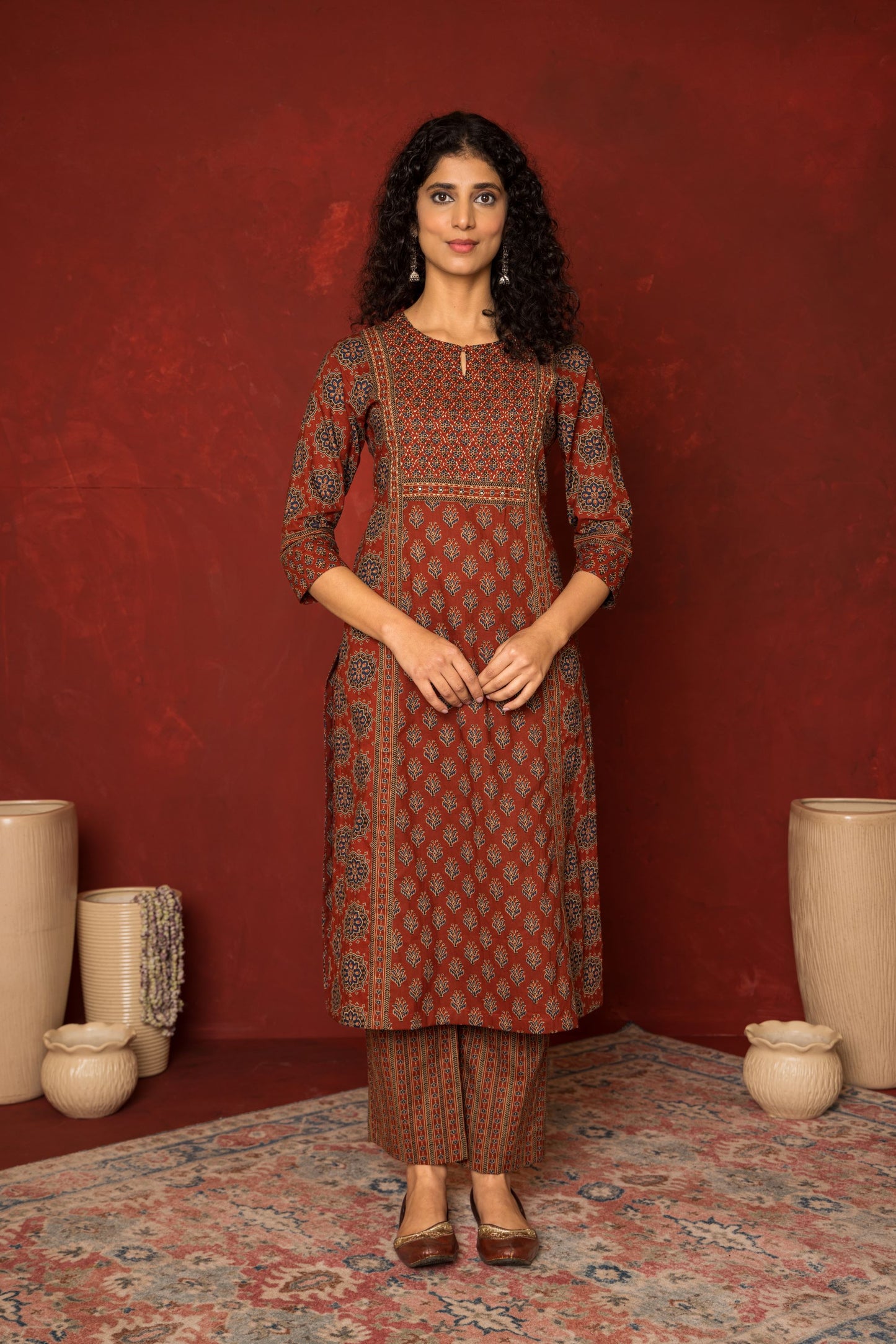 RUST COTTON ROUND NECK BOOTI PRINT YOKE HIGHLIGHTED WITH HAND KATHA KURTA PANT SET