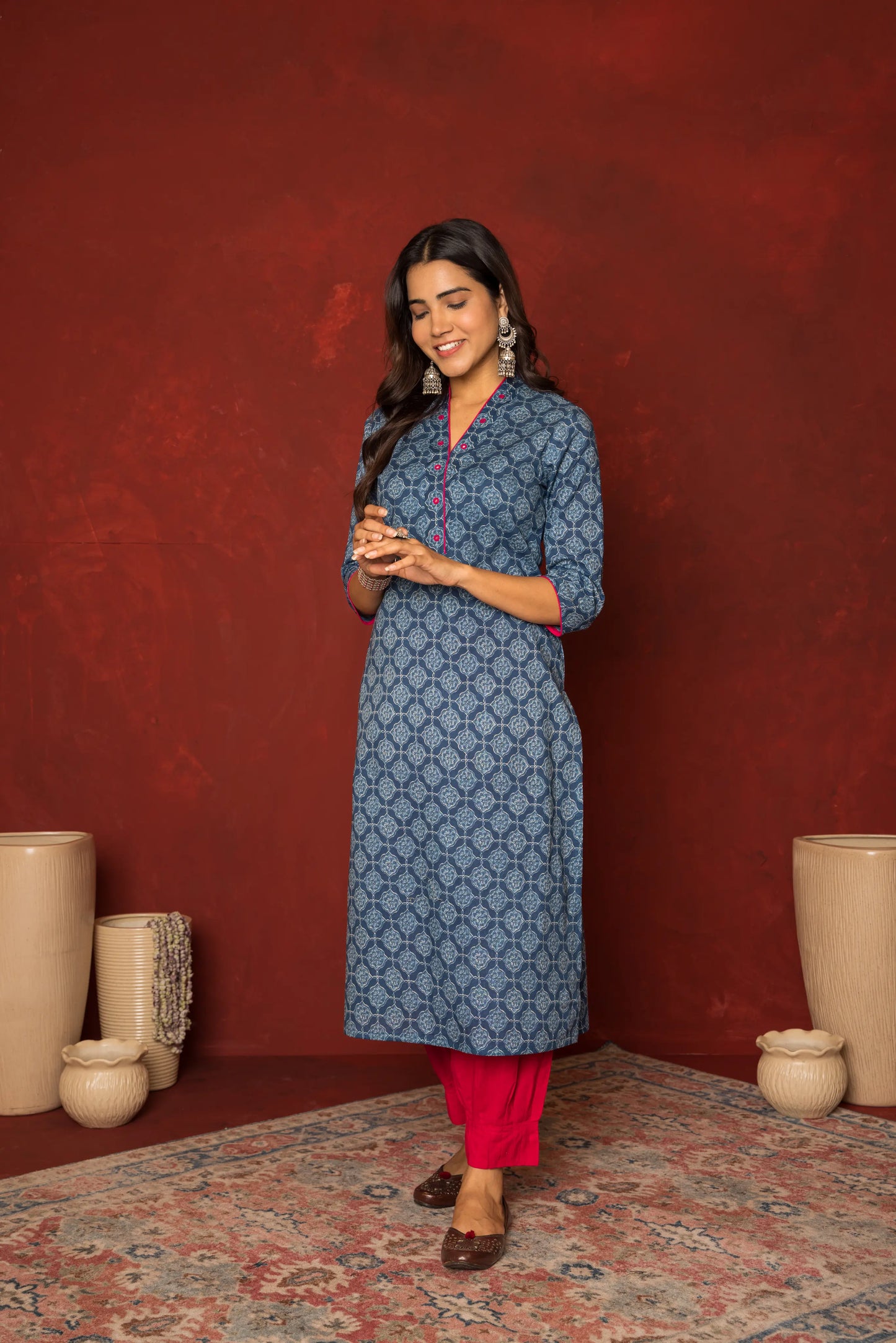 BLUE COTTON V-NECK NECKLINE HIGHLIGHTED WITH MIRROR WORK KURTA FOR WOMEN'S