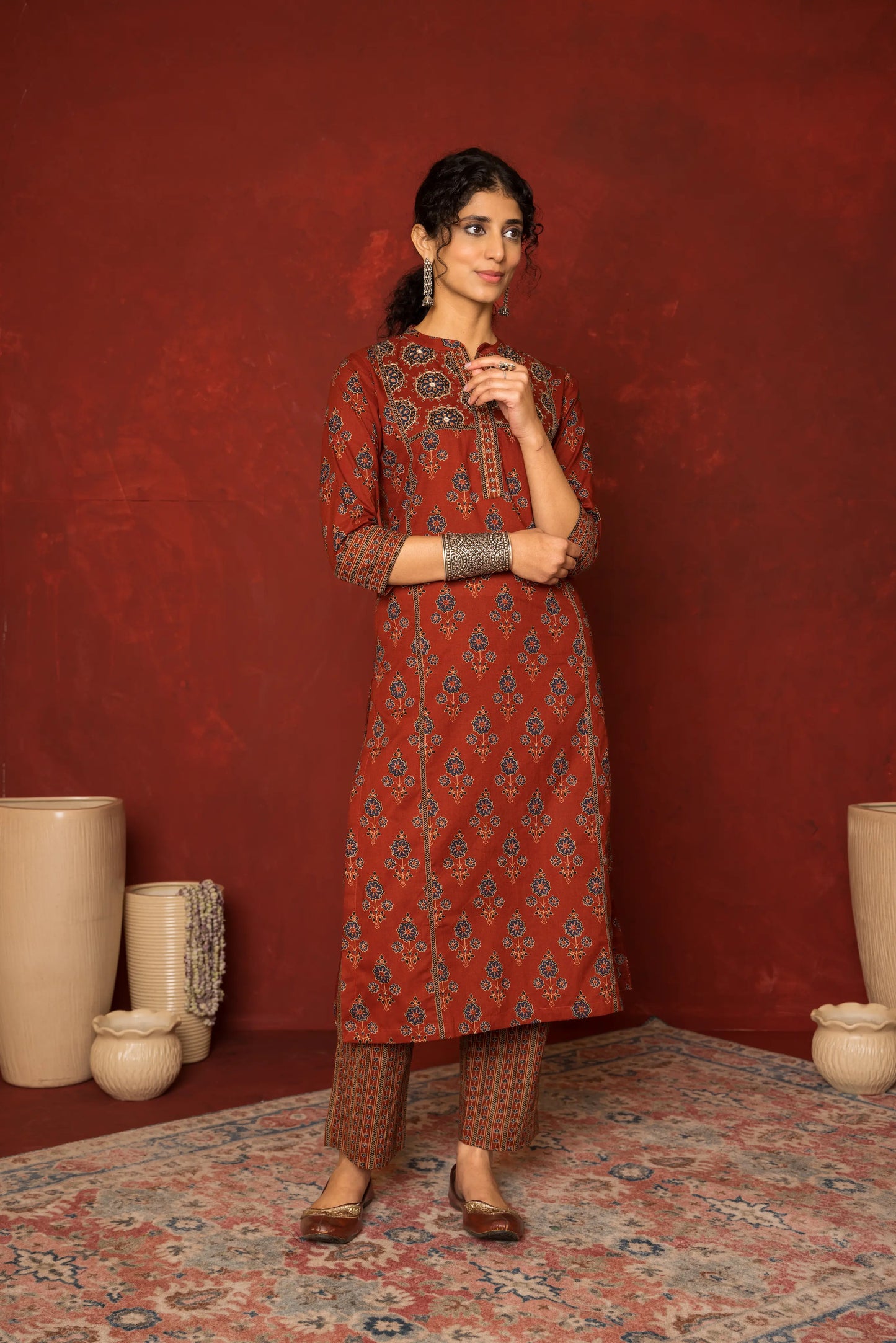 Rust Cotton Collar neck booti print with katha Mirror and katha work kurta for women's