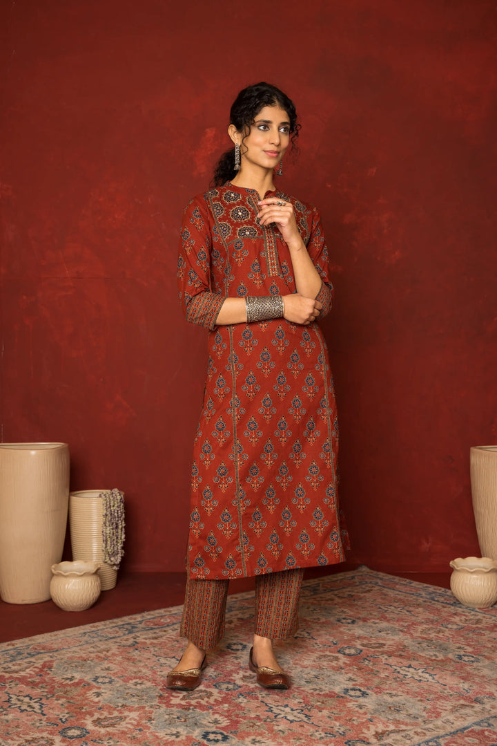 Rust Cotton Collar neck booti print with katha Mirror and katha work kurta for women's