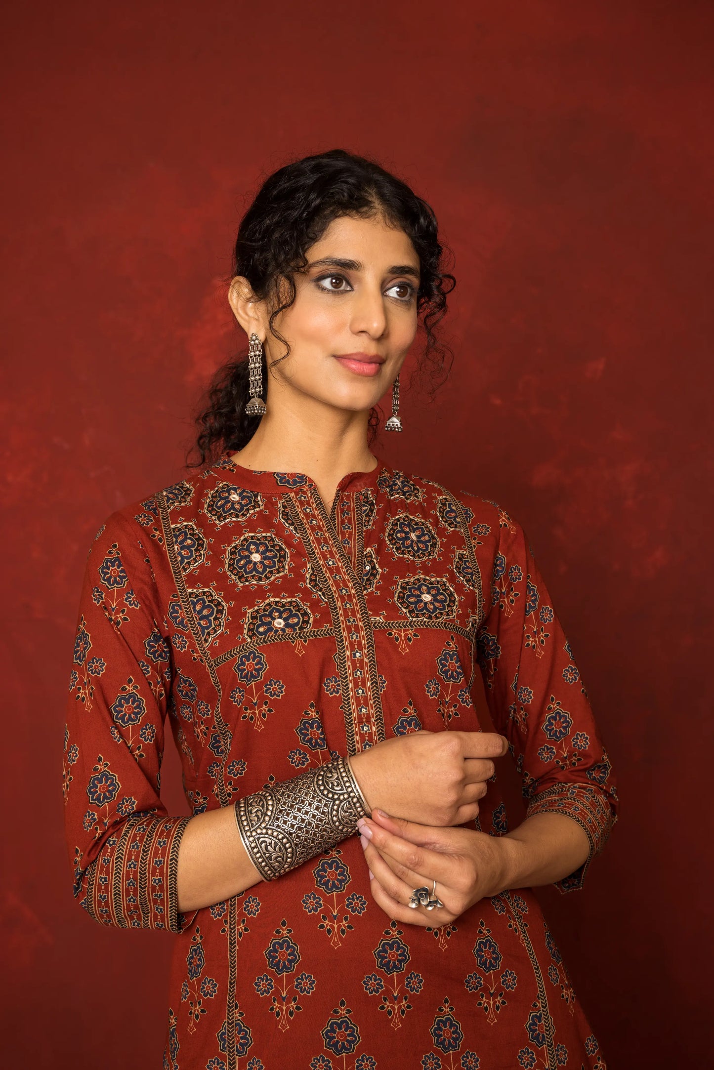Rust Cotton Collar neck booti print with katha Mirror and katha work kurta for women's