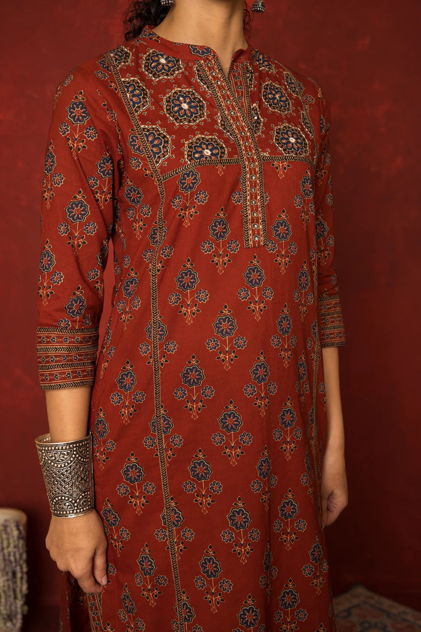 Rust Cotton Collar neck booti print with katha Mirror and katha work kurta for women's