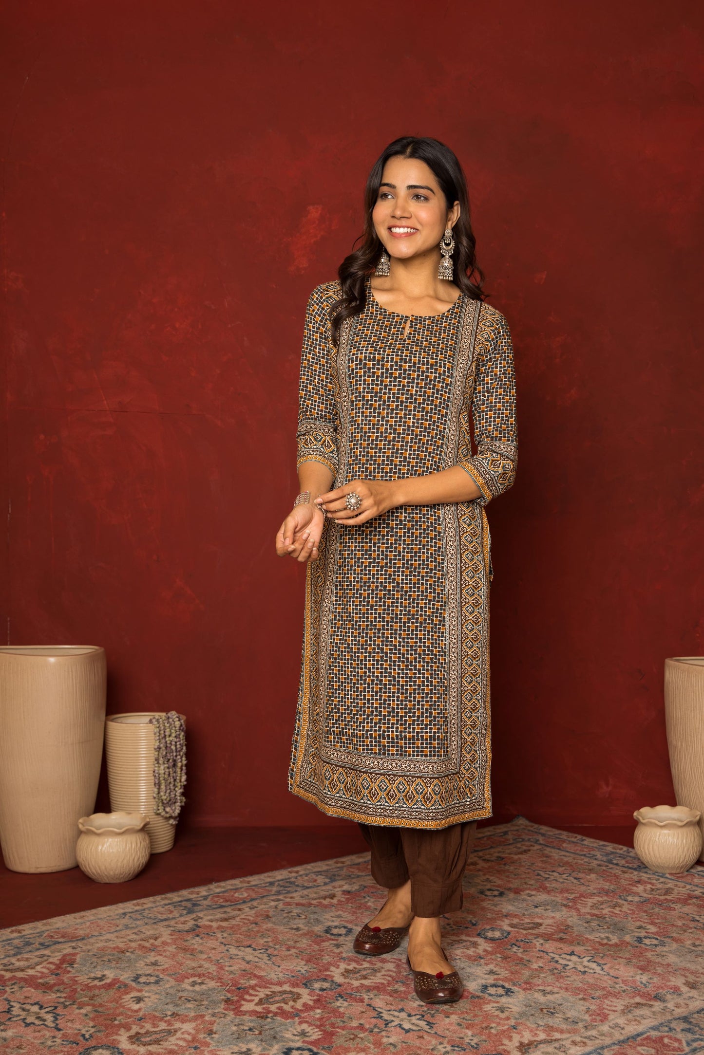 BROWN GEOMETRICAL ROUND NECK COTTON MODAL KURTA FOR WOMEN'S