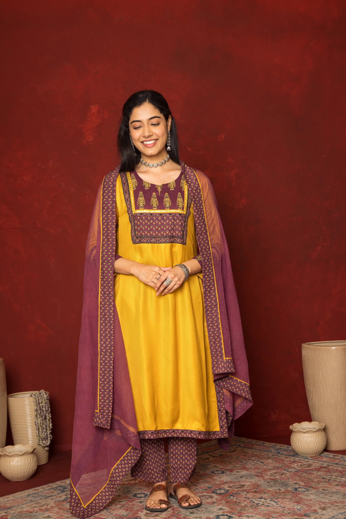 MUSTARD WITH WINE TWILL BOT ROUND NECK KURTA HIGHLIGHTED WITH YOKE & MIRROR LACE WITH SEQUENCE FULL SET