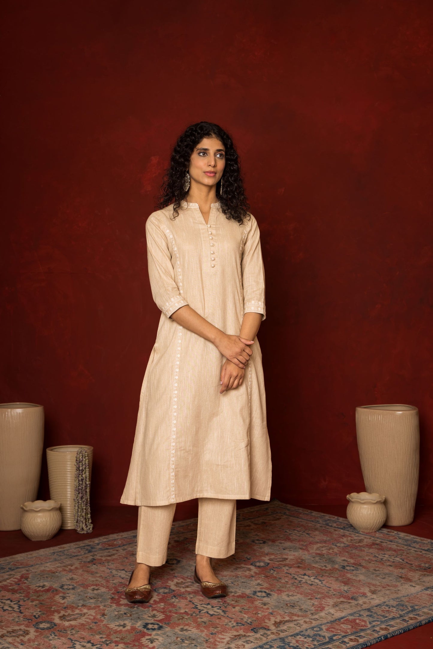 BEIGE SOUTH COTTON COLLAR EMBROIDERY WORK ON KURTA.WITH EMBROIDERY ON BUTTONS KURTA PANT SET