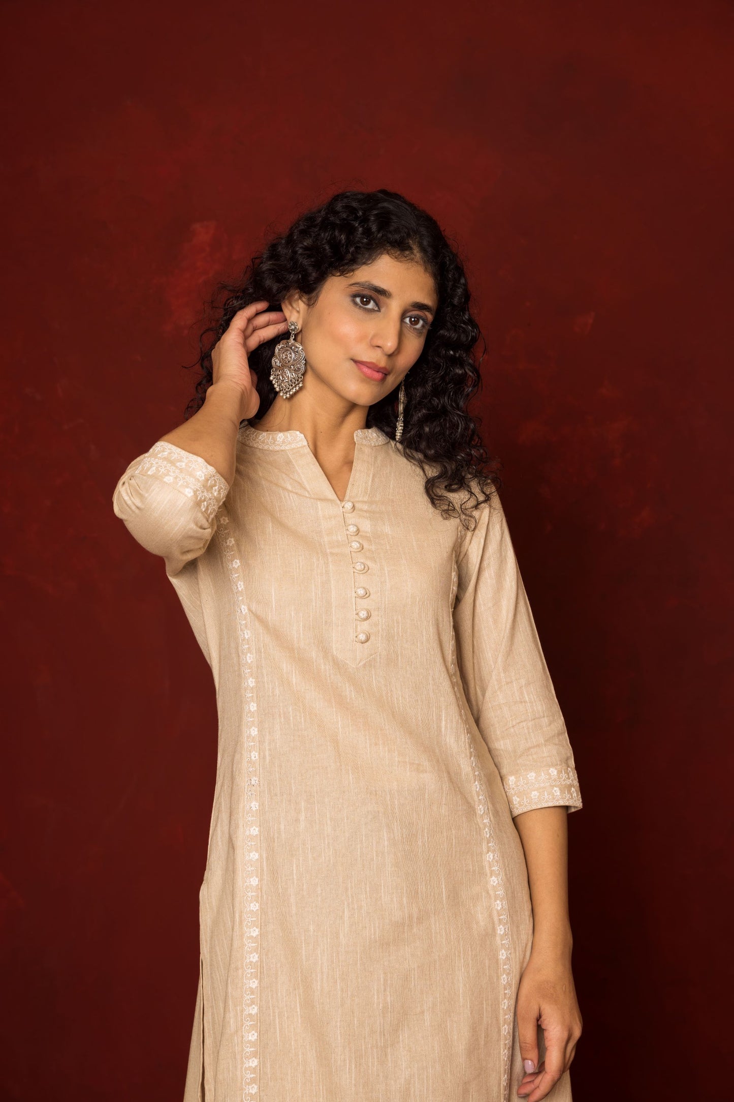 BEIGE SOUTH COTTON COLLAR EMBROIDERY WORK ON KURTA.WITH EMBROIDERY ON BUTTONS KURTA PANT SET