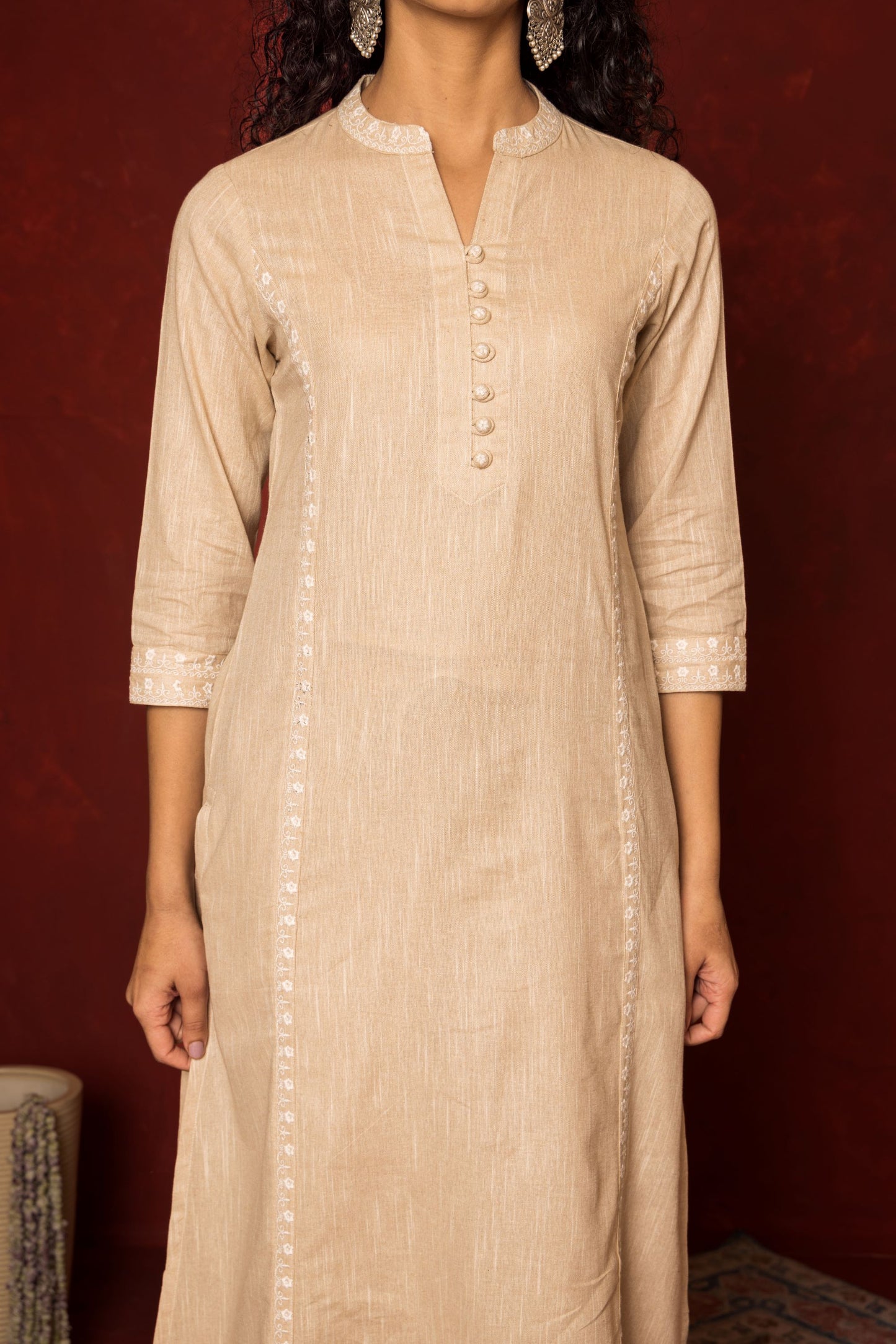 BEIGE SOUTH COTTON COLLAR EMBROIDERY WORK ON KURTA.WITH EMBROIDERY ON BUTTONS KURTA PANT SET