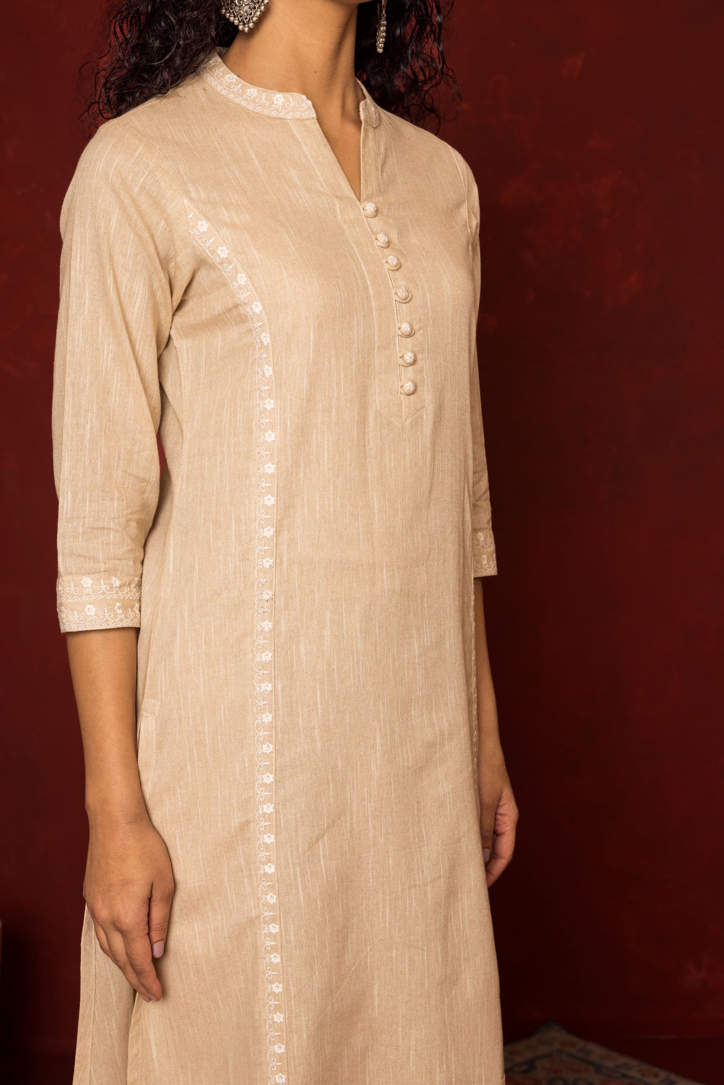 BEIGE SOUTH COTTON COLLAR EMBROIDERY WORK ON KURTA.WITH EMBROIDERY ON BUTTONS KURTA PANT SET