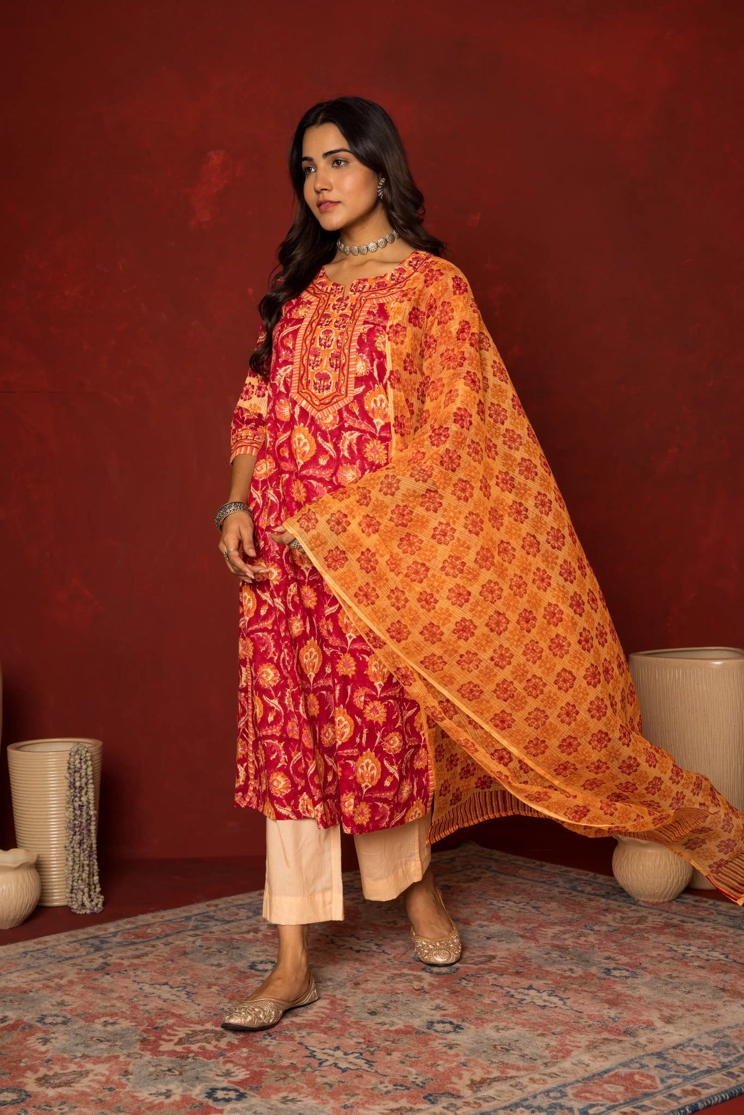 Falsa Cotton Handblock Printed Kurta Dupatta Set For Women's