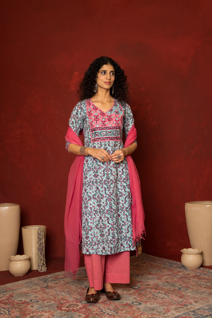 Blue Cotton handblock angrakha Mirror and sequence work kurta for women's