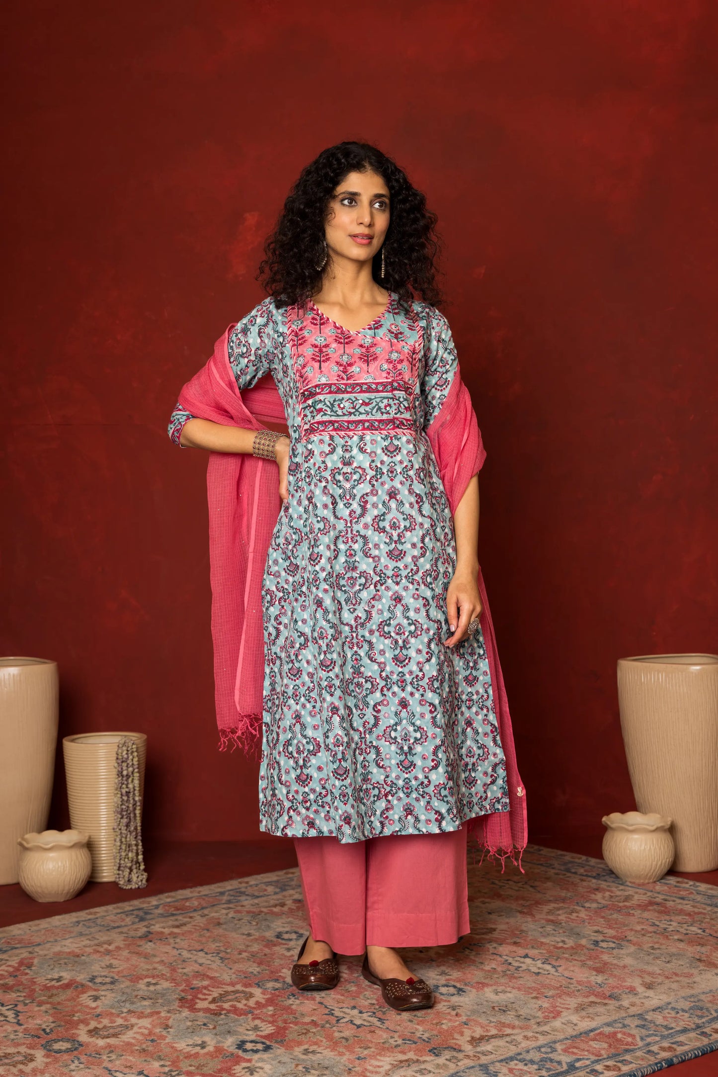 Blue Cotton handblock angrakha Mirror and sequence work kurta for women's