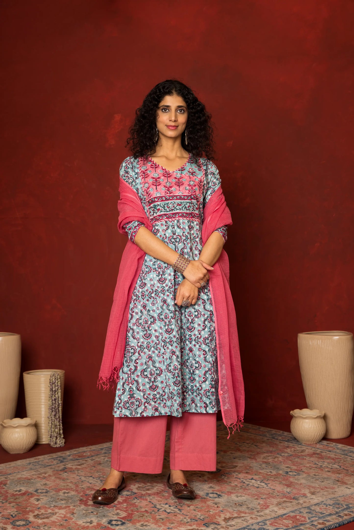 Blue Cotton handblock angrakha Mirror and sequence work kurta for women's