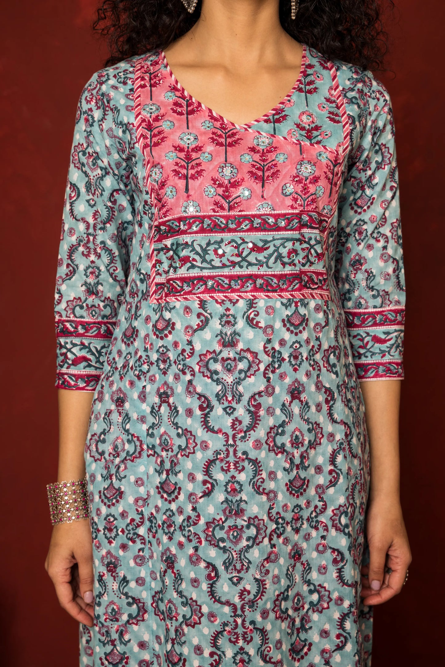 Blue Cotton handblock angrakha Mirror and sequence work kurta for women's