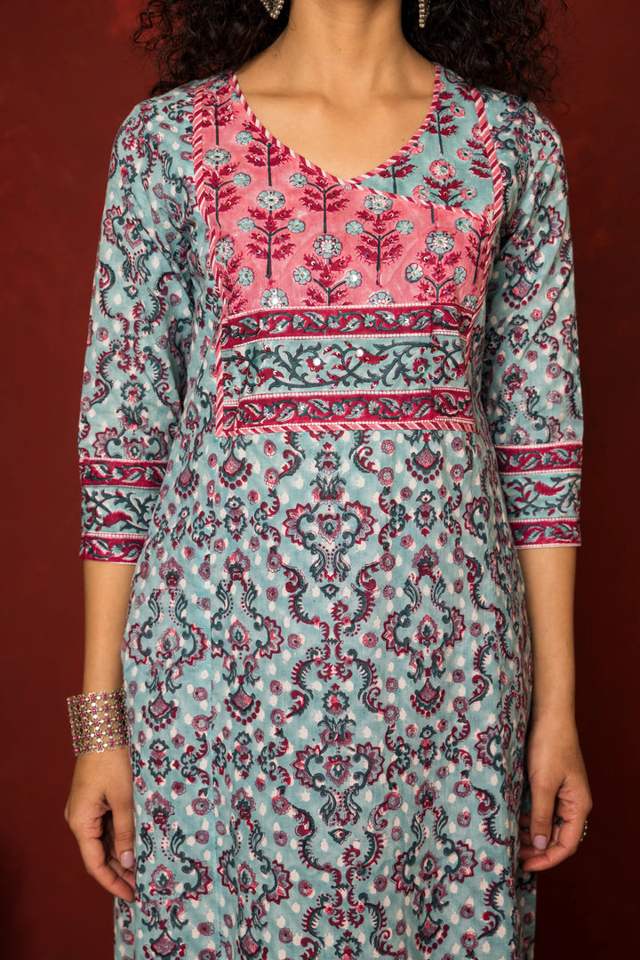 Blue Cotton handblock angrakha Mirror and sequence work kurta for women's