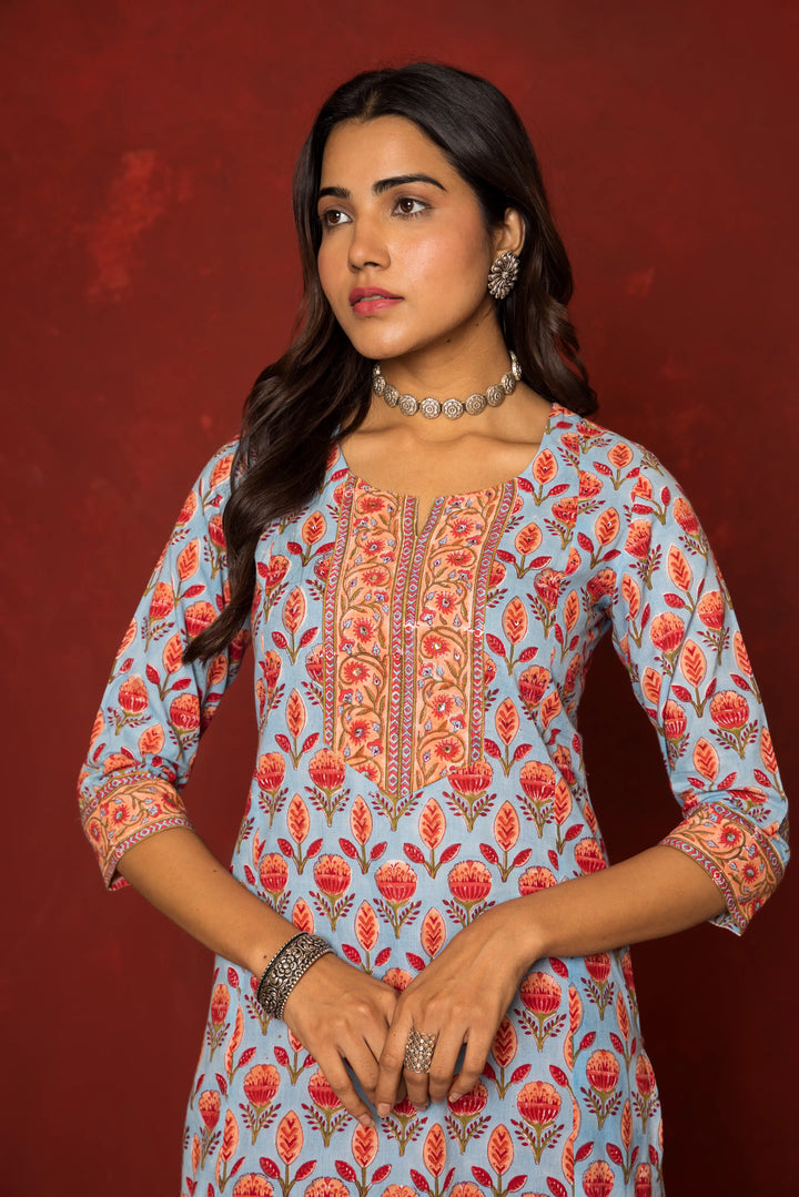 Blue Cotton round neck handblock Mirror and sequence work kurta for women's