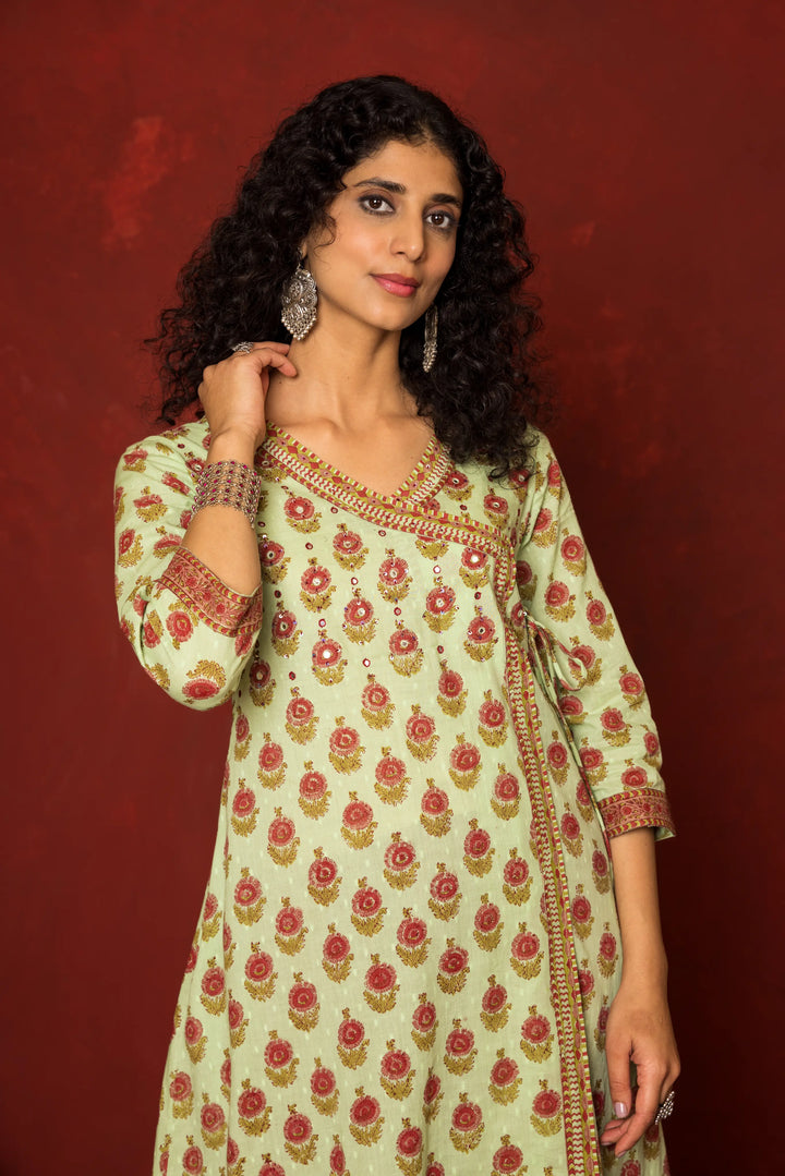 Green Cotton Angrakha handblock Mirror and sequence work kurta for women's