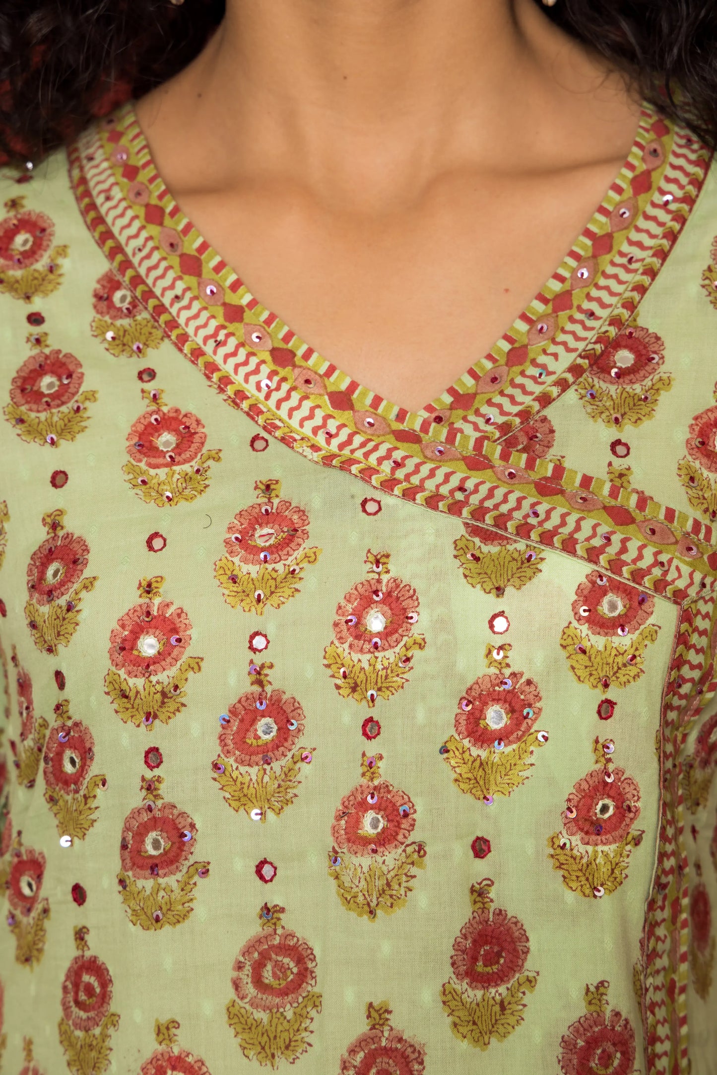 Green Cotton Angrakha handblock Mirror and sequence work kurta for women's