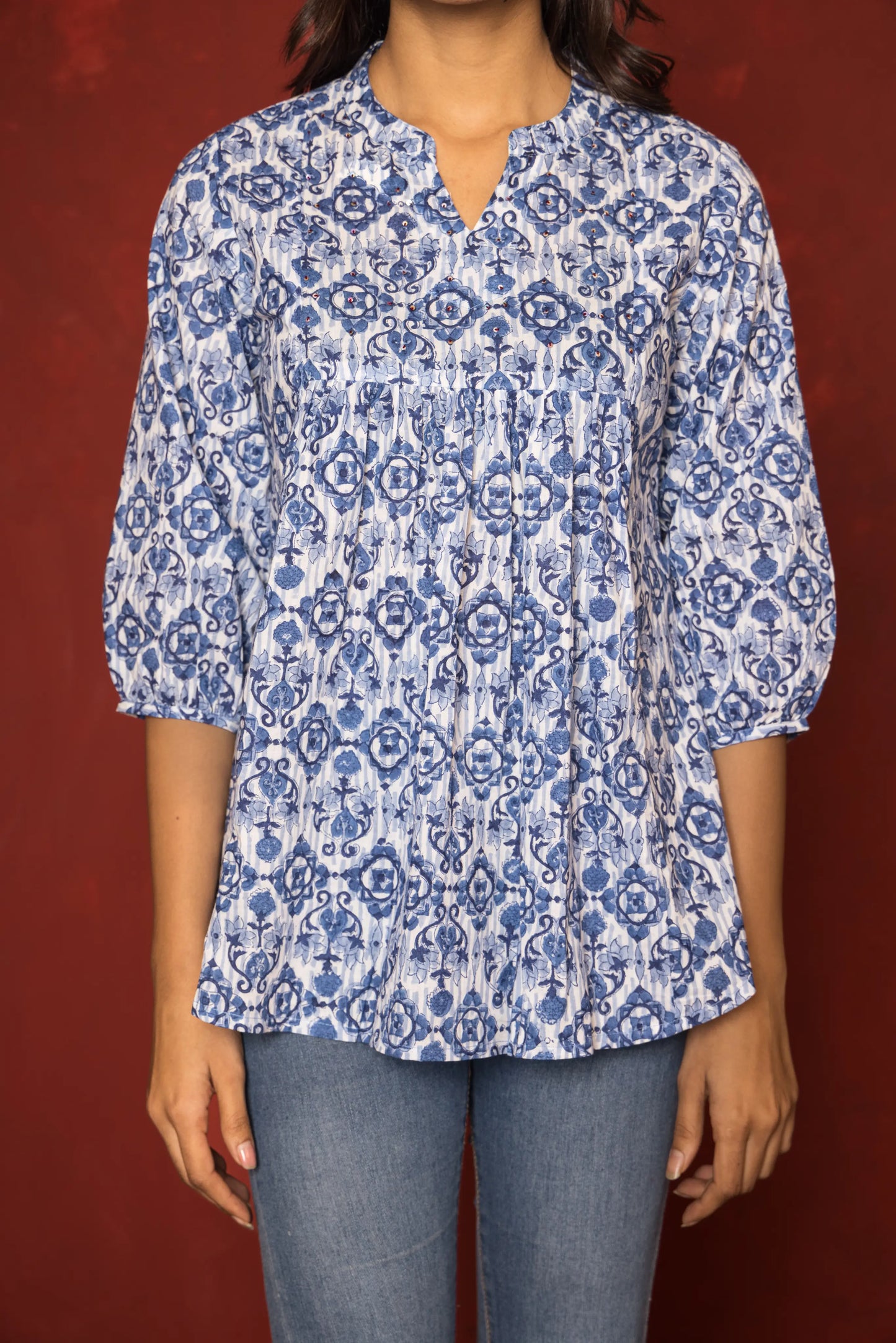 Blue Cotton Collar Neck Handblock Short Top For women's