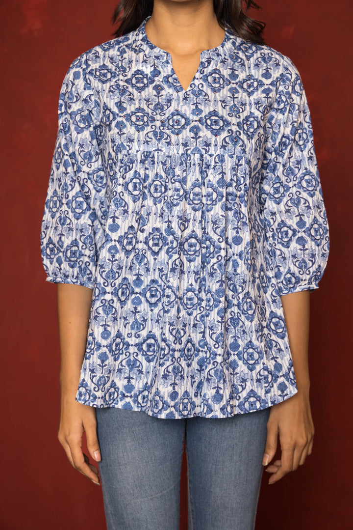 Blue Cotton Collar Neck Handblock Short Top For women's