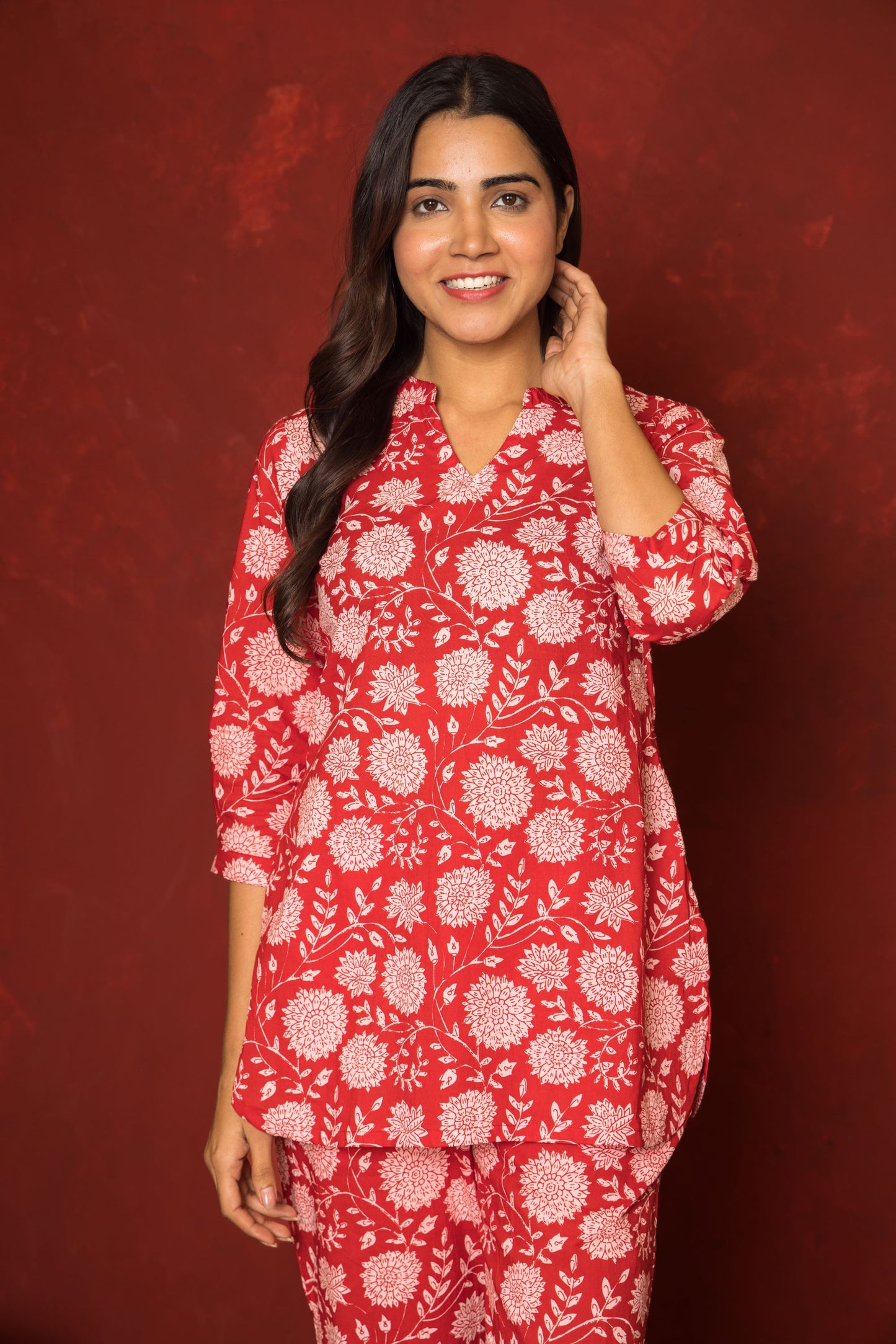 Red Cotton Co-Ord Set For Women's