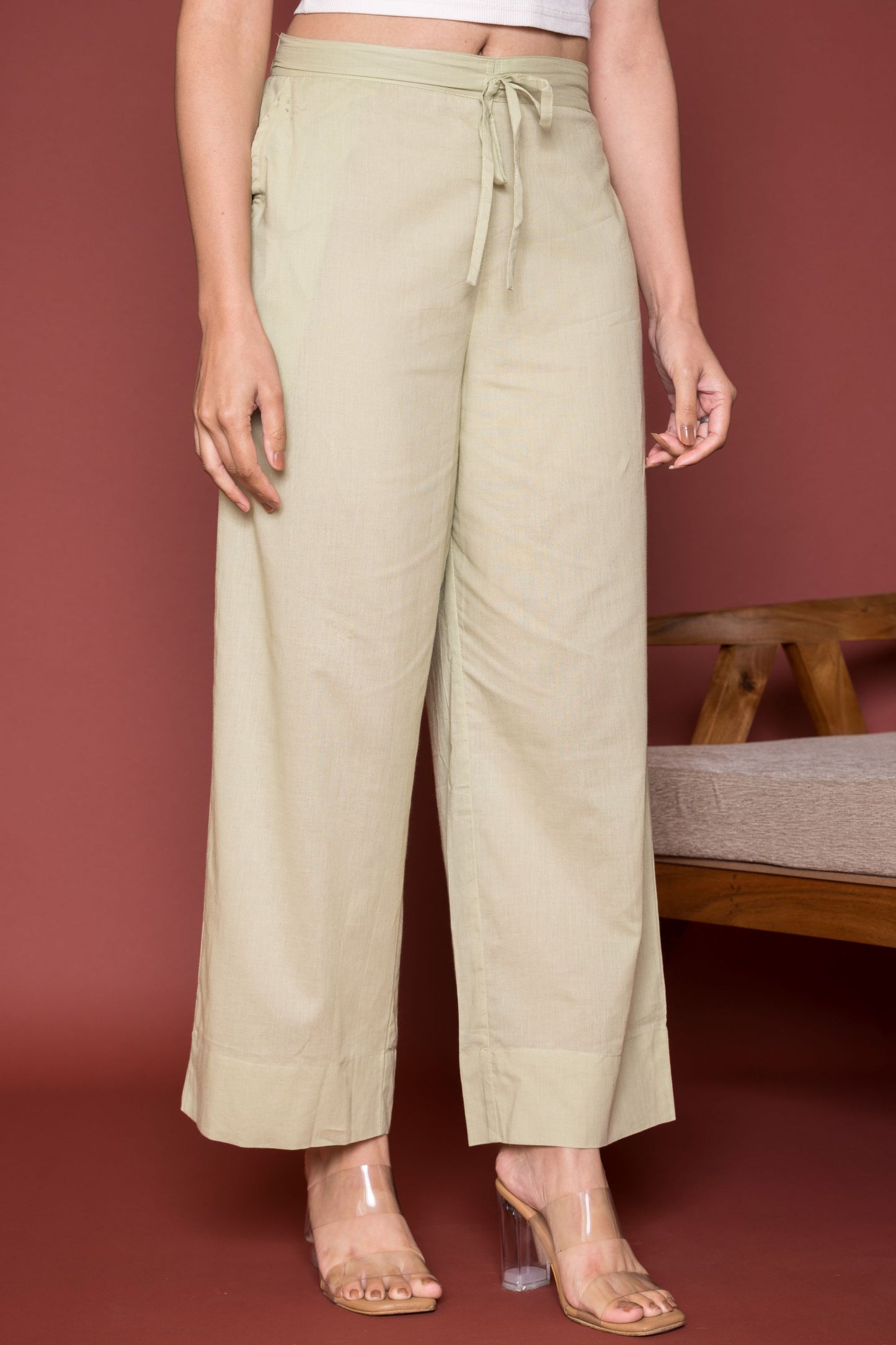Pista Green Cotton Palazzo For Women's