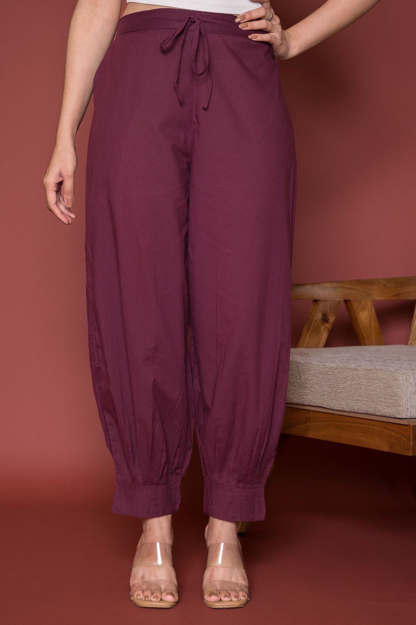 Pleated Cotton Salwar-Pure cotton Wine