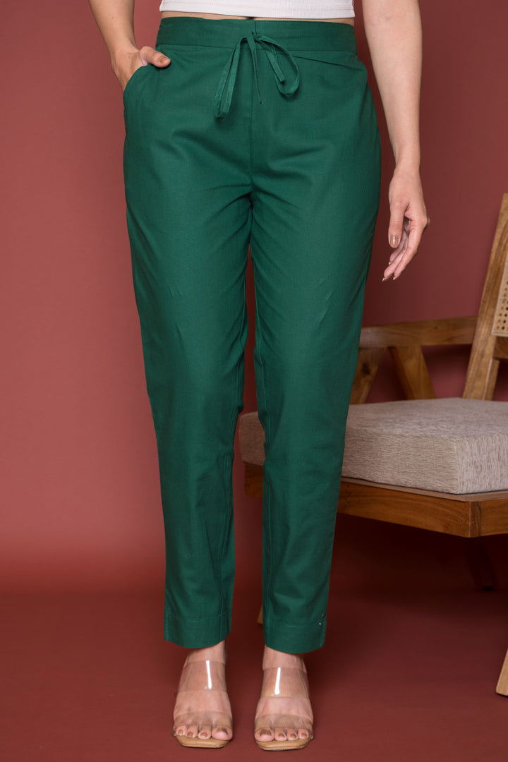 Bottle Green Cotton Pant For Women's