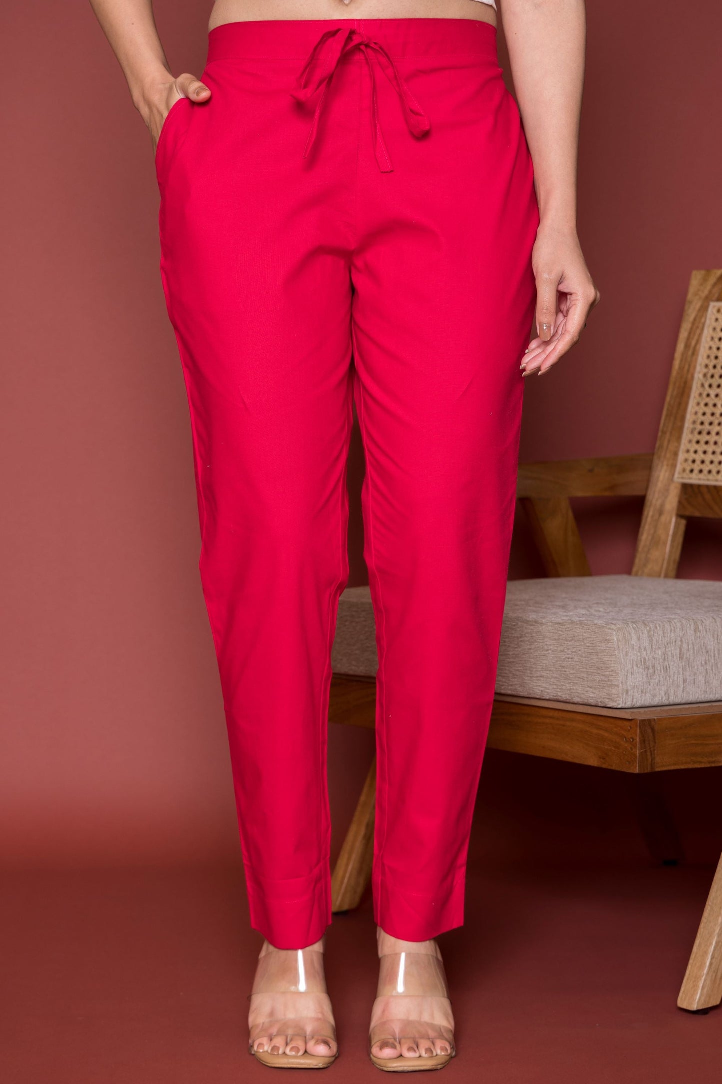 Magenta Pink Cotton Pants For Women's