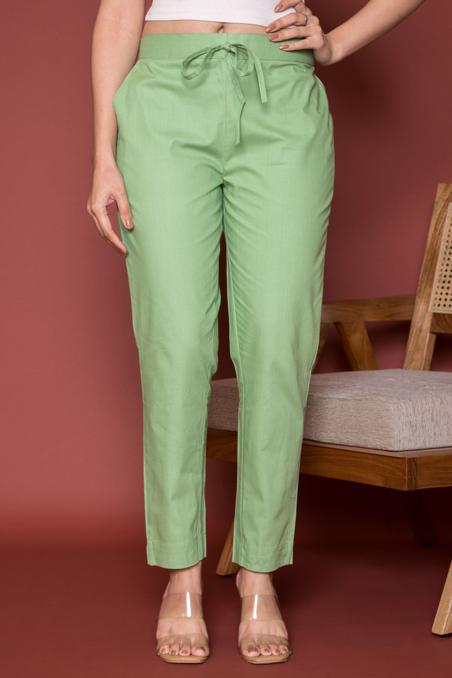 Pista Green Cotton Pants For Women's