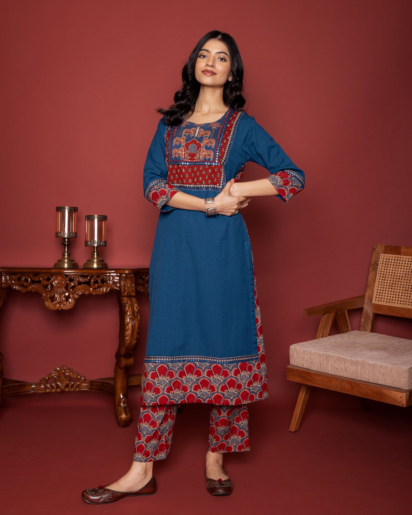BLUE COTTON ROUND NECK BOOTI PRINT YOKE HIGHLIGHTED WITH BORDERS WITH MIRROR AND KATHA WORK KURTA PANT SET