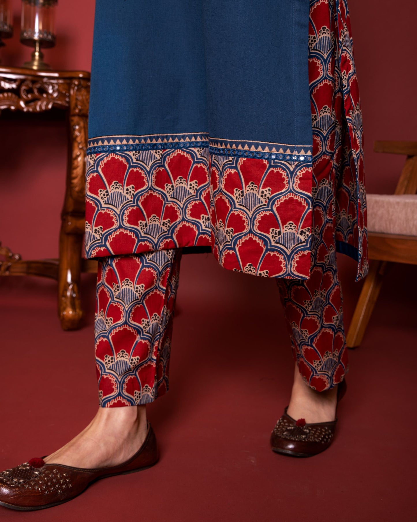 BLUE COTTON ROUND NECK BOOTI PRINT YOKE HIGHLIGHTED WITH BORDERS WITH MIRROR AND KATHA WORK KURTA PANT SET