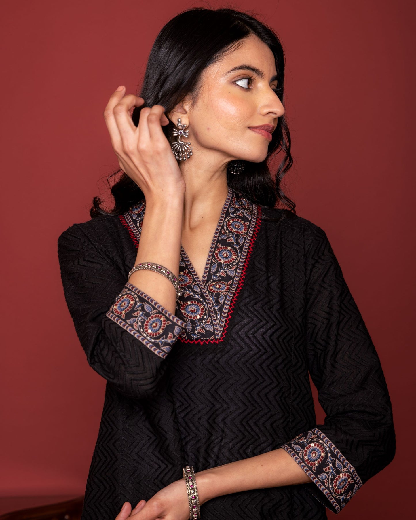 Black Cotton Dobby A Line Kurta For Women's