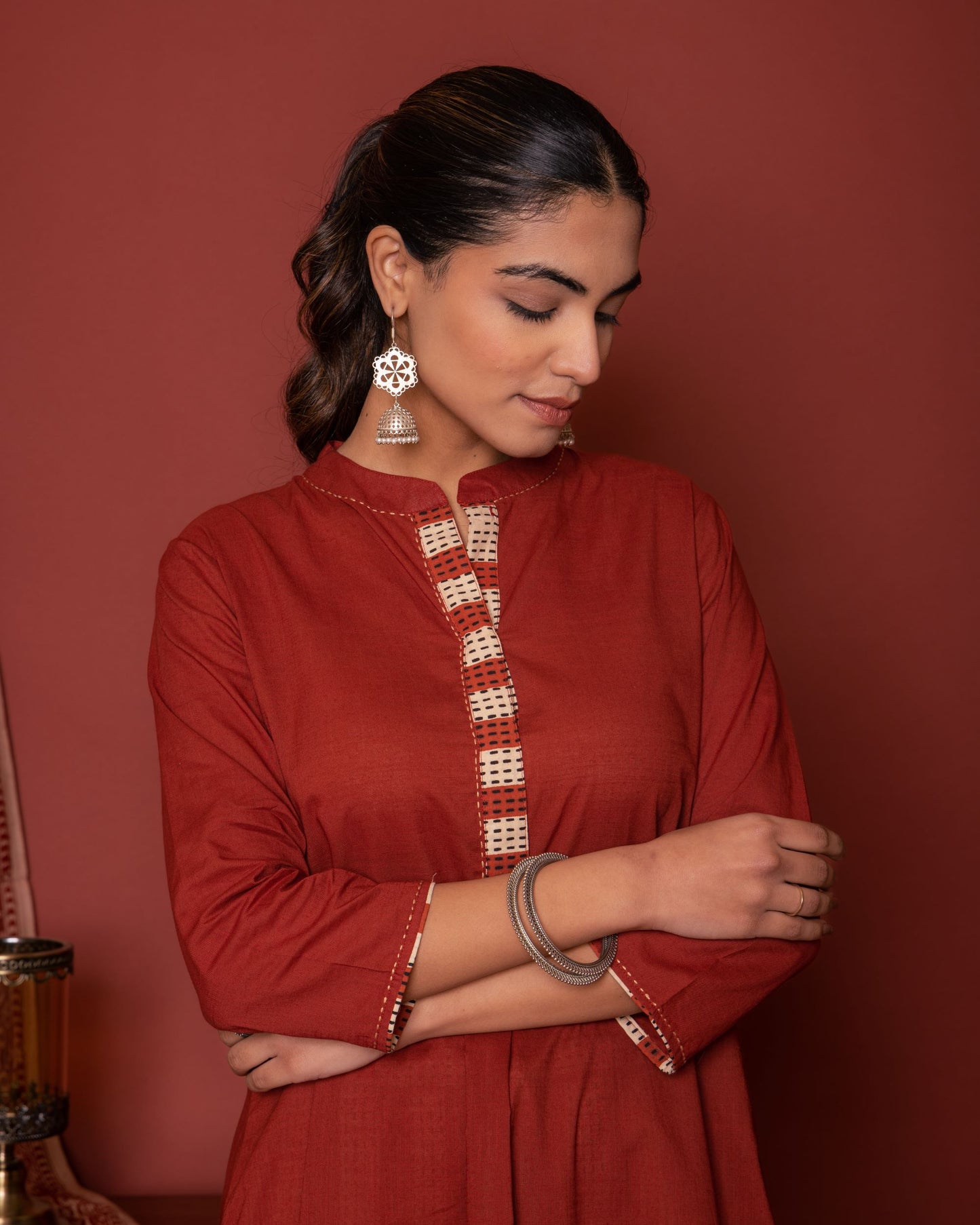 Rust Cotton Mandarin Collar Neck Kurta Pant Set For Women's