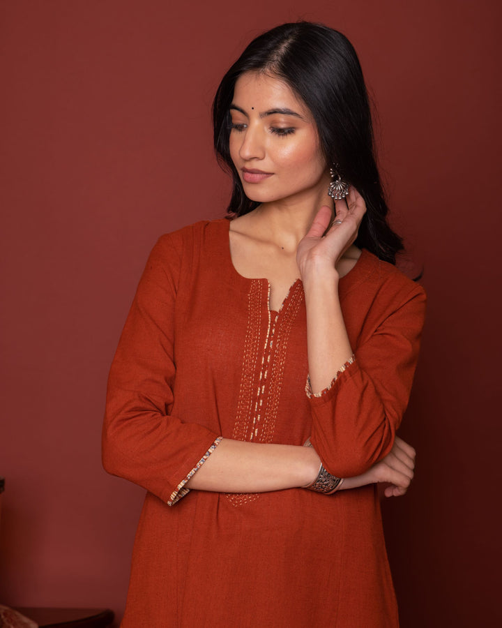 Rust Cotton Kurta Pant Set For Women's