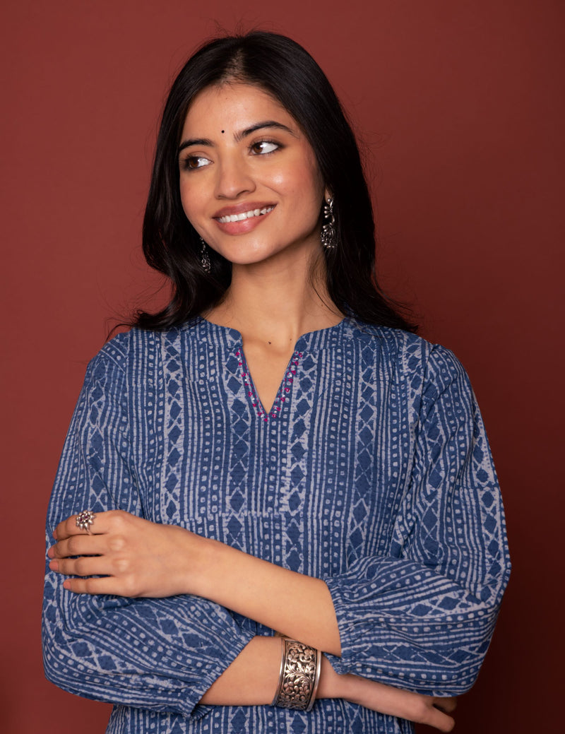 INDIGO COTTON COLLAR NECK HANDLOOM MOTI AND KATHA WORK KURTA PANT SET