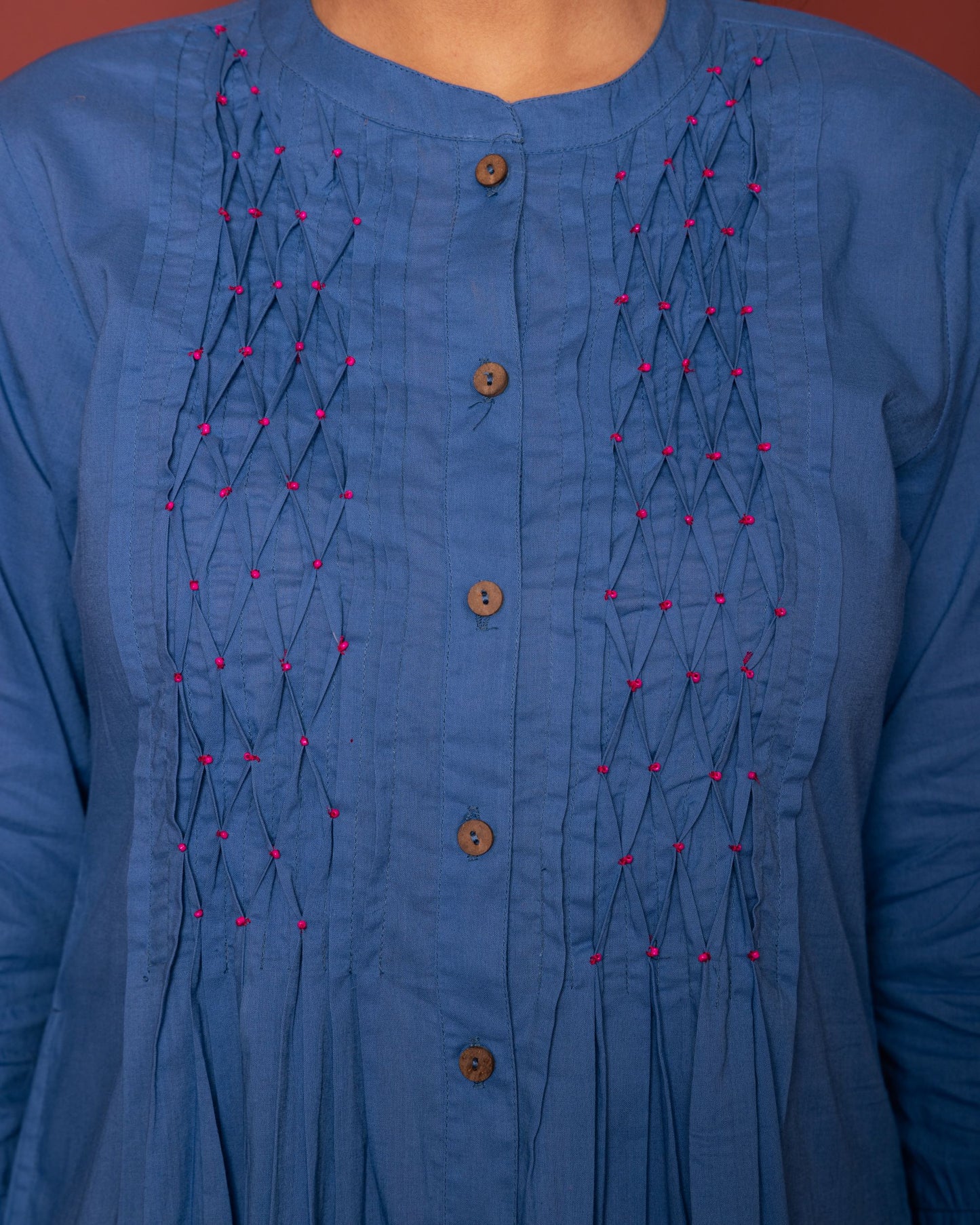Blue - Pink COLLAR COTTON KURTA-PANT SET