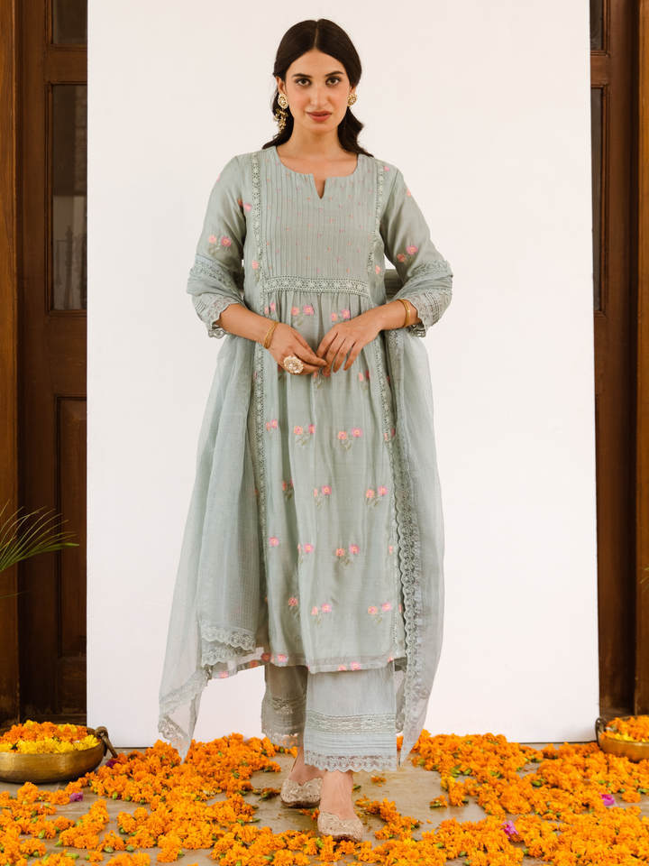 Gray Embroidered Chanderi Complete Suit Set with Kota Doriya Dupatta