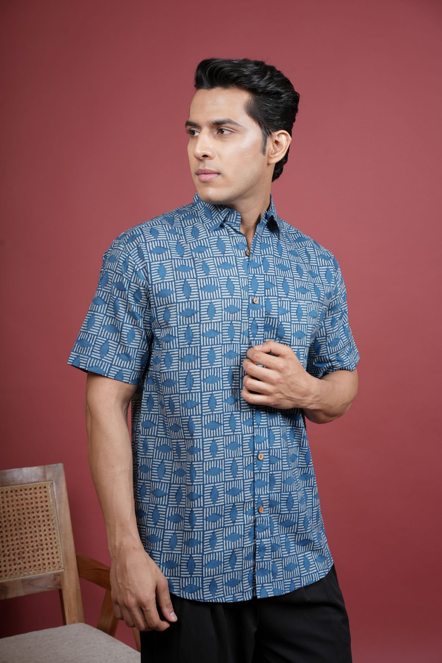 INDIGO COTTON COLLAR NECK FLORAL PRINT SHIRT FOR MEN'S