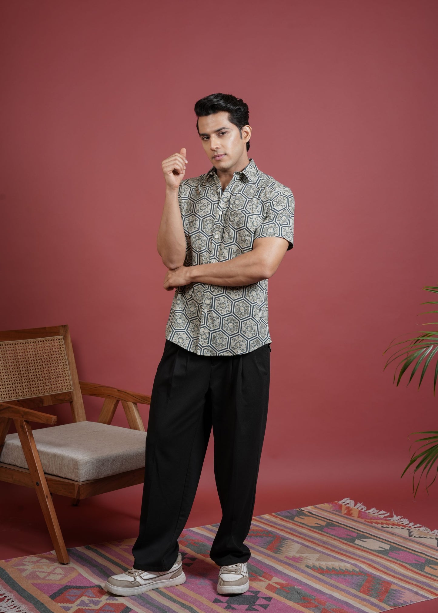GRAY COTTON COLLAR NECK STAR-SHAPED MOTIF PRINT SHIRT FOR MEN'S