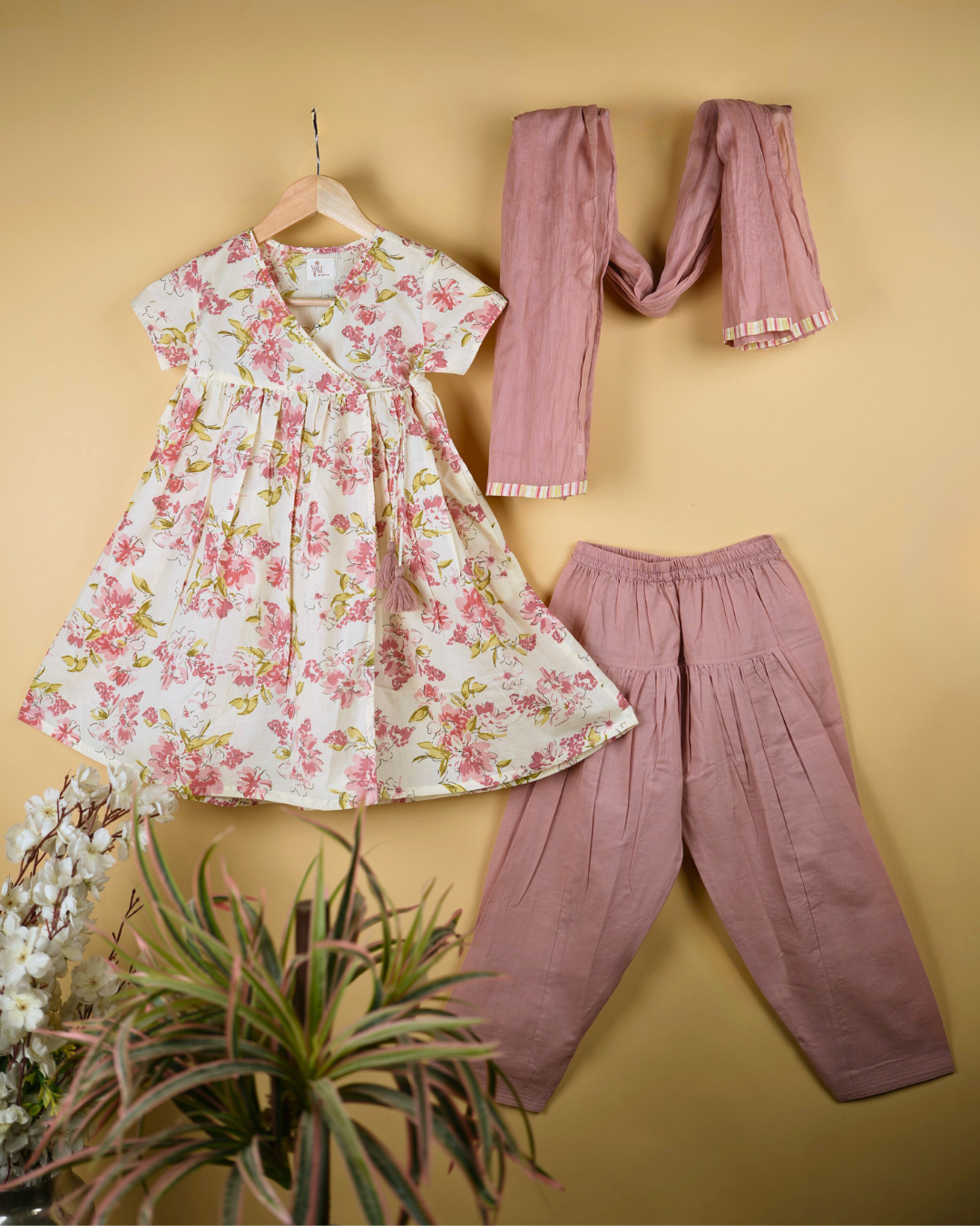 Off-White & Pink Cotton Kurta Salwar with Dupatta Set