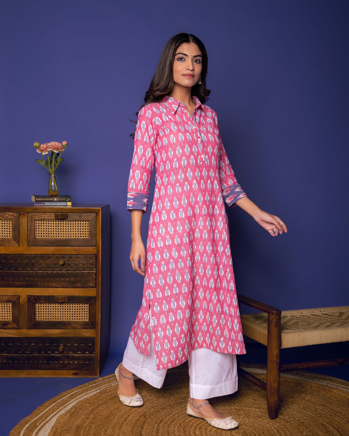 Pink Ikkat Print Collar Neck Kurta For Women's