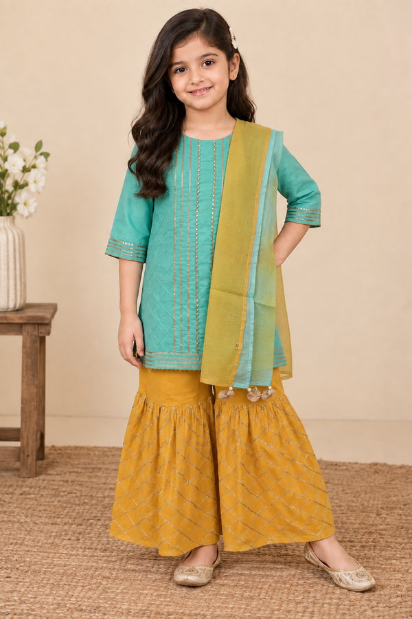 Mustard With Seagreen Kurta Sharara Dupatta