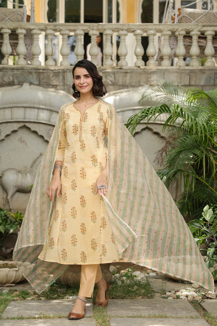 Aahana Multistripes Handblock Kurta Dupatta Set KURTA DUPATTA Vari