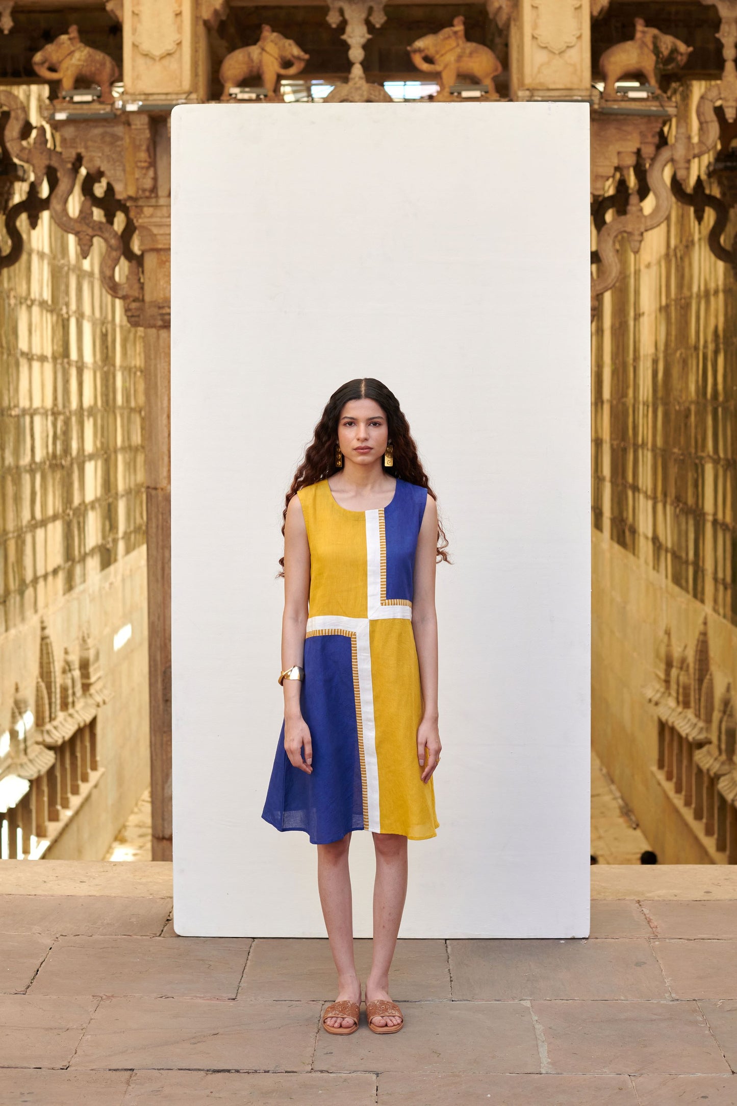 Blue & Yellow Linen Dress For Women's