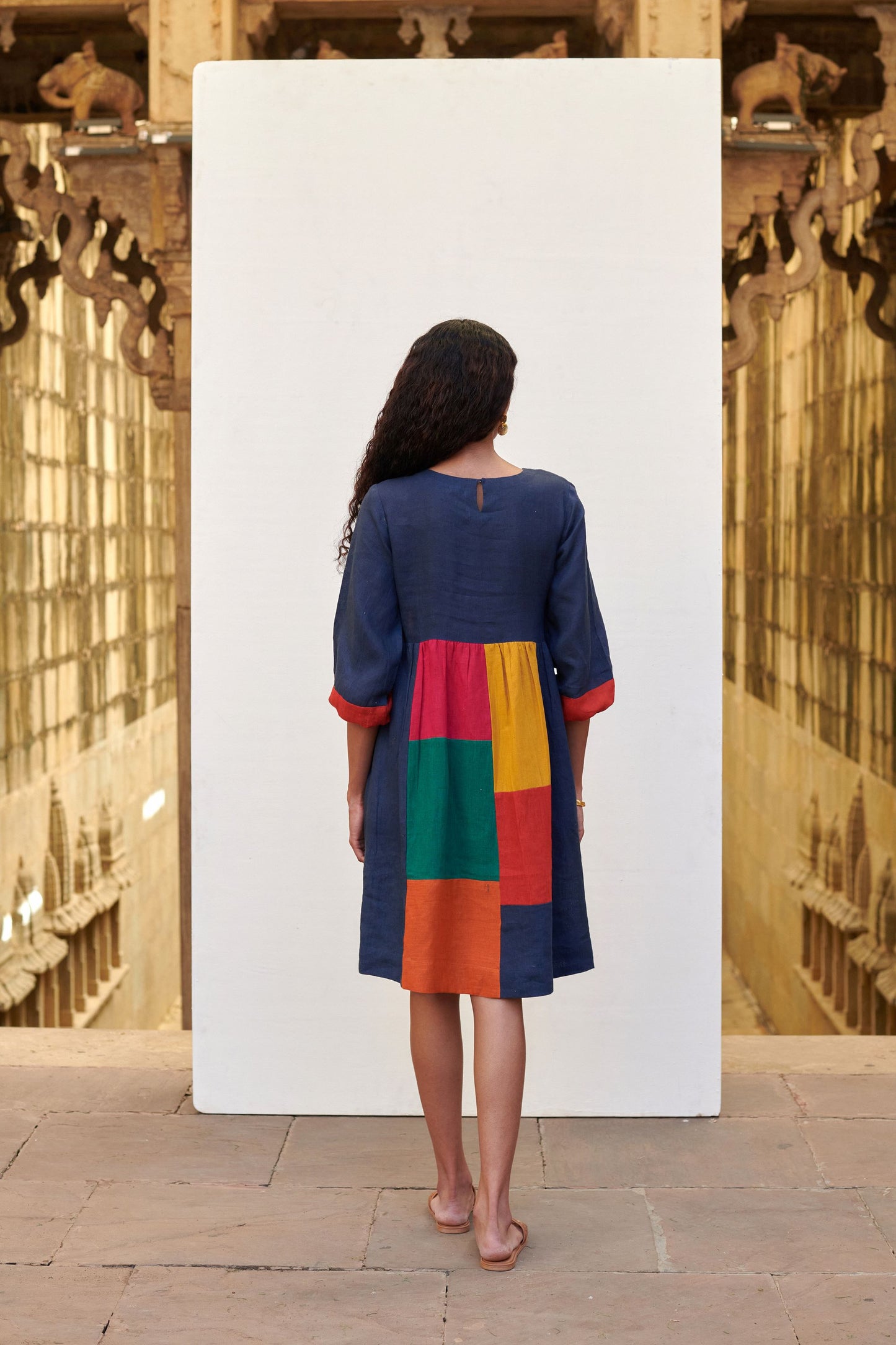 Multicolored Linen Round Neck Dress For Women's