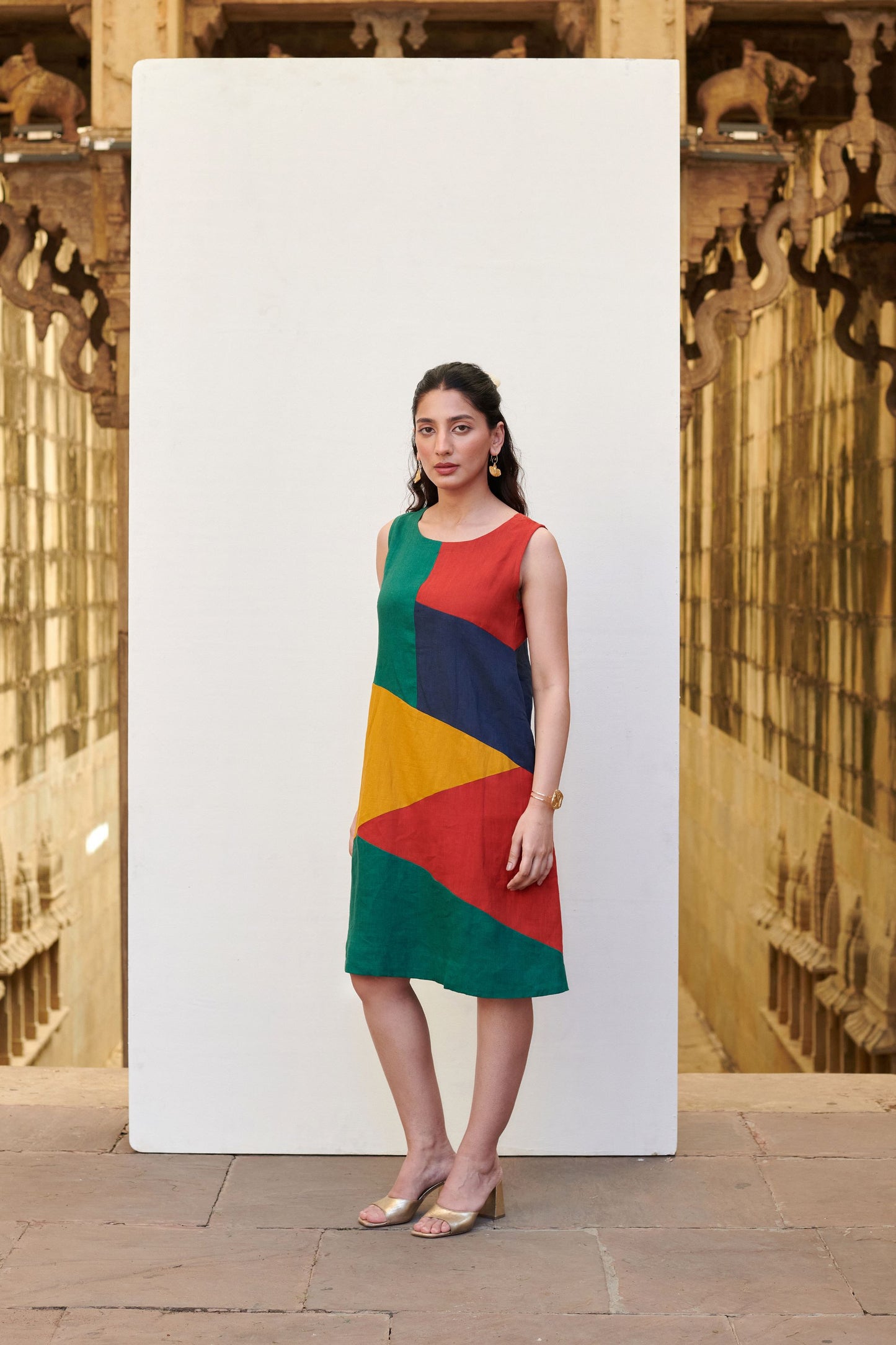 Multicolored Linen Round Neck Dress For Women's