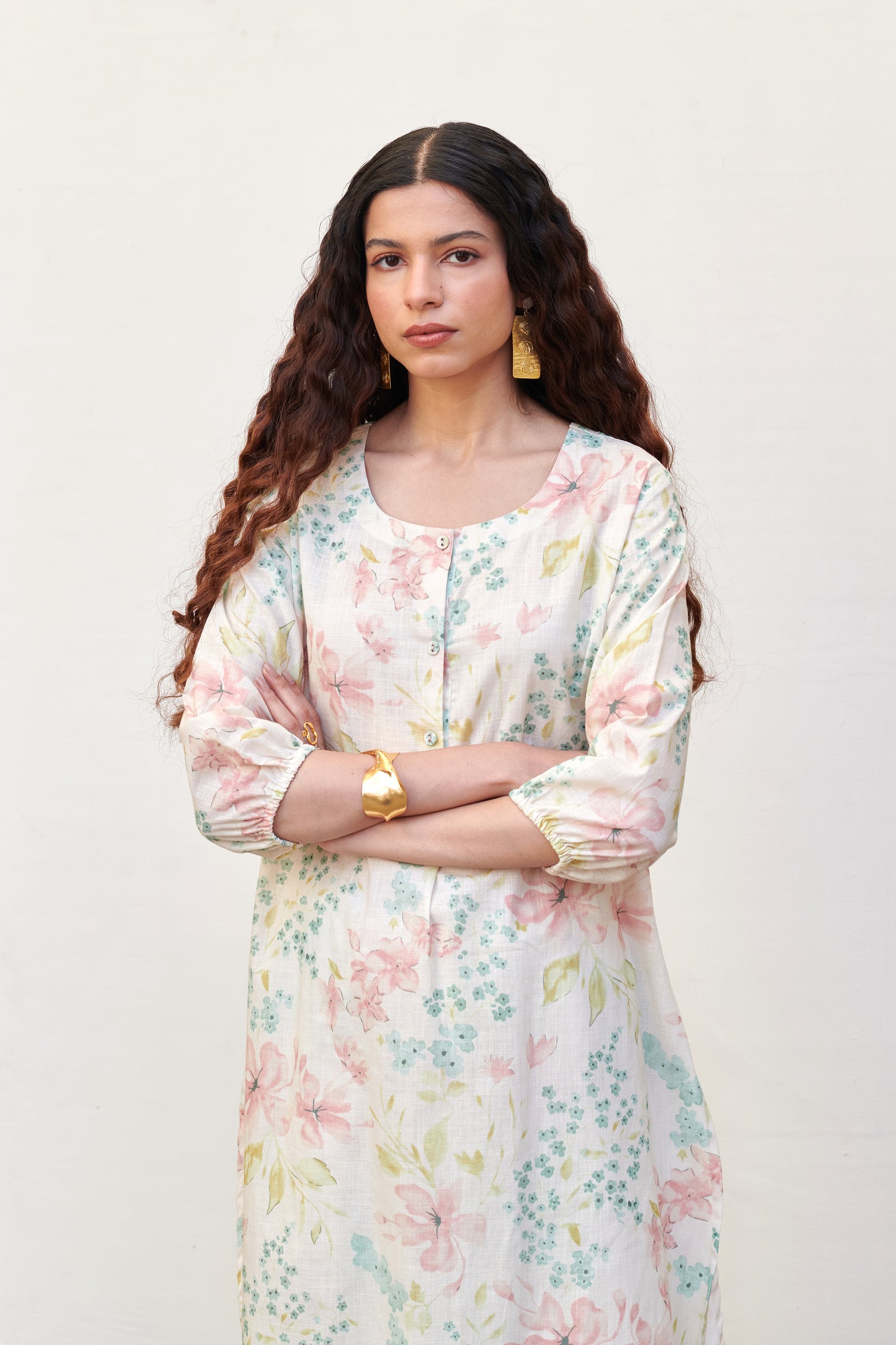 White With Multicolored Cotton Round Floral Print Kurta Pant Set For Women's